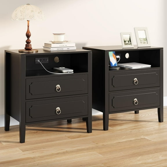 Set of 2 - 26" Tall Black Nightstand with Charging Station, 2 Drawer Modern Transitional Bedside Table with USB Ports, Outlets, Open Shelf & Ring Pull Handles for Bedroom or Living Room