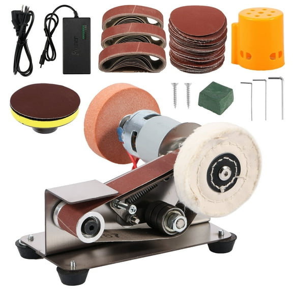 Wrvxzio Mini Belt Sander with 15 Degree Belt Surface Heavy Duty Stainless Steel Electric Belt Grinder Adjustable Speed for Metal Jewelry