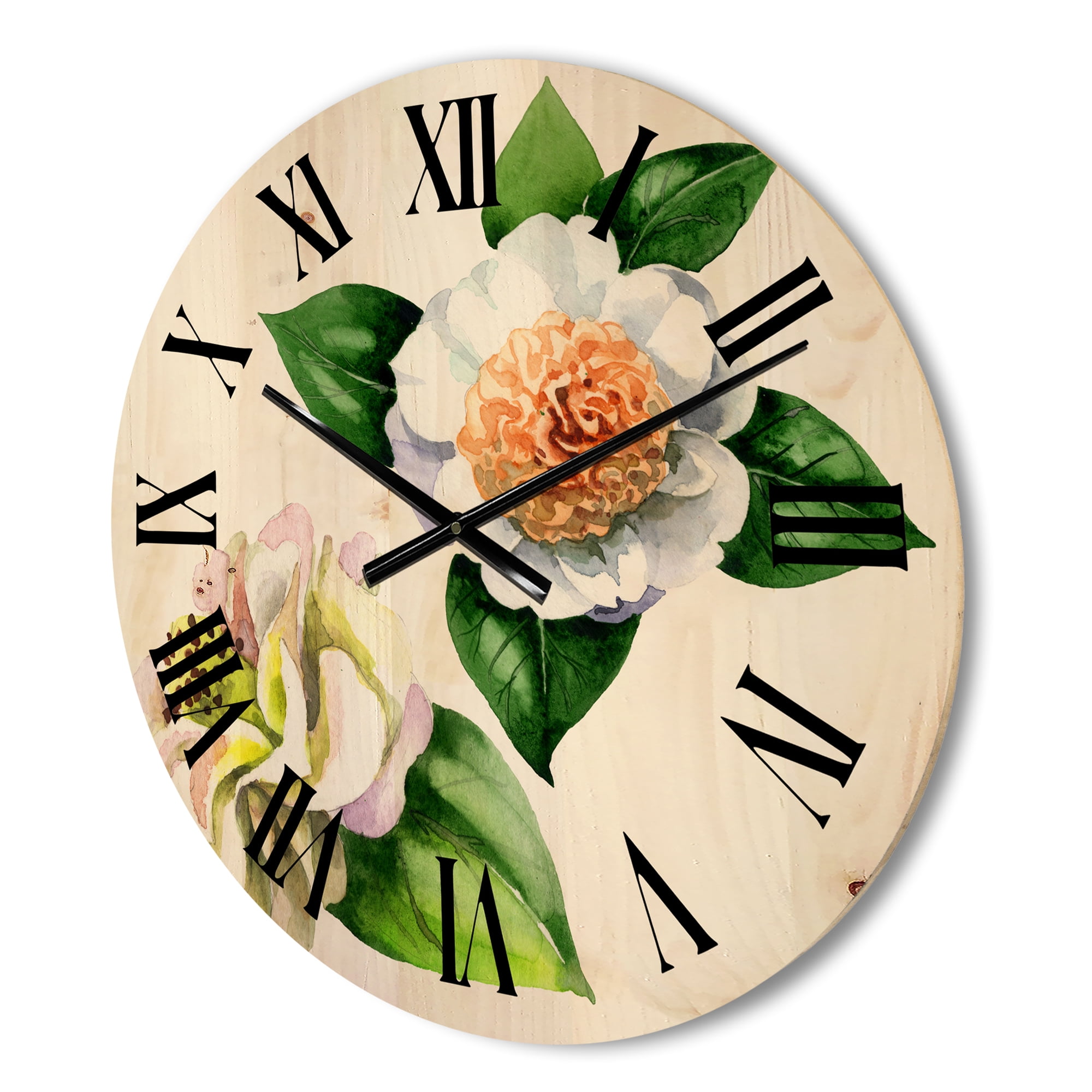Designart 'Ancient White Camellia Flowers With Green Leaves' Traditional Wood Wall Clock