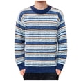 thumbnail image 3 of TFEOQRY Men's Crew Neck Striped Knit Sweater Long Sleeve Tribal Pattern Color Block Casual Pullover Fall Winter Top Blue, 3 of 4