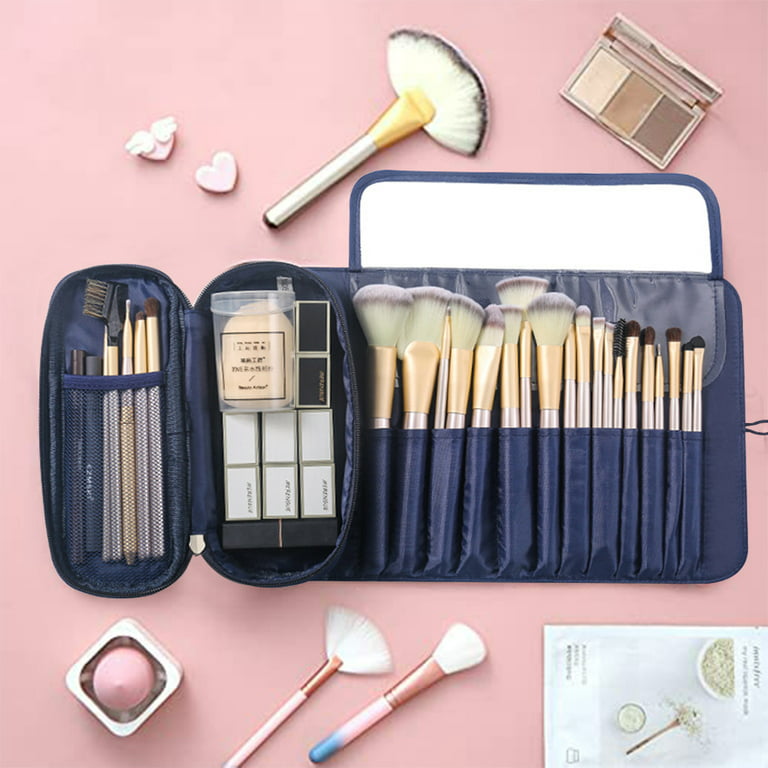 Makeup Brush Rolling Case Makeup Brush Bag Pouch Holder Cosmetic Bag  Organizer Travel Portable Cosmetics Brushes,Navy 
