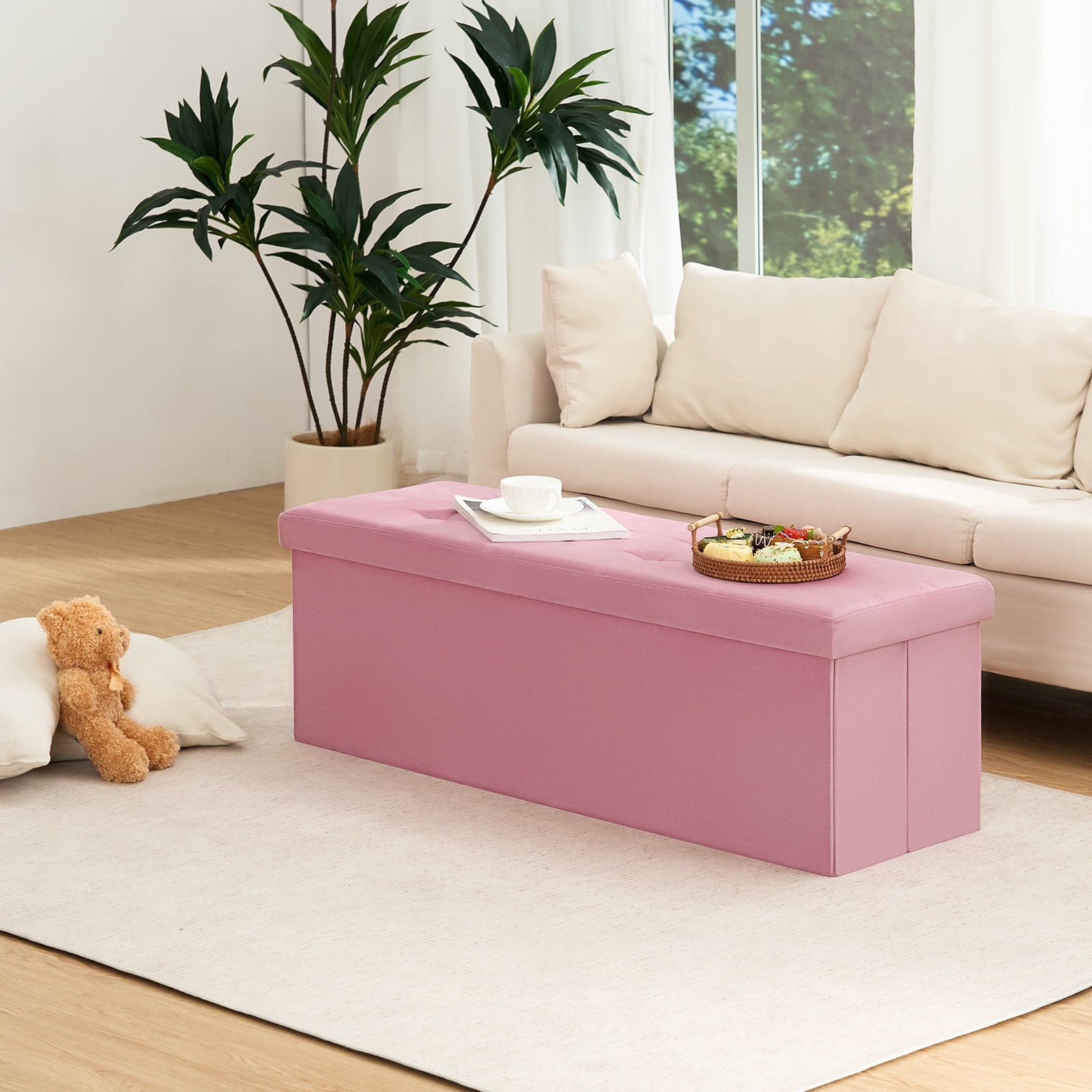LUSIMO Ottoman with Storage 43" Velvet Storage Bench Folding End of Bed Bench Hold up to 660lb Footstool for Bedroom Living Room, Pink