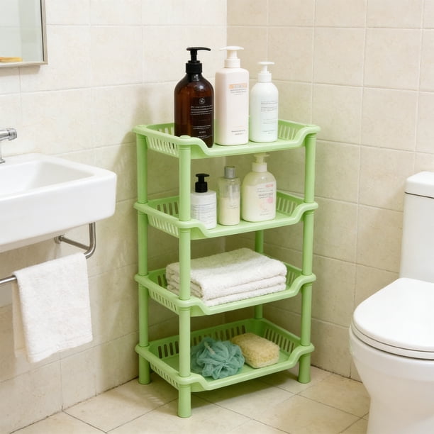 Estante de almacenaje de cuatro niveles para baño y cocina con drenaje, organizador de plástico multicolor para artículos de tocador y latas, 46x26.5x14 cm.