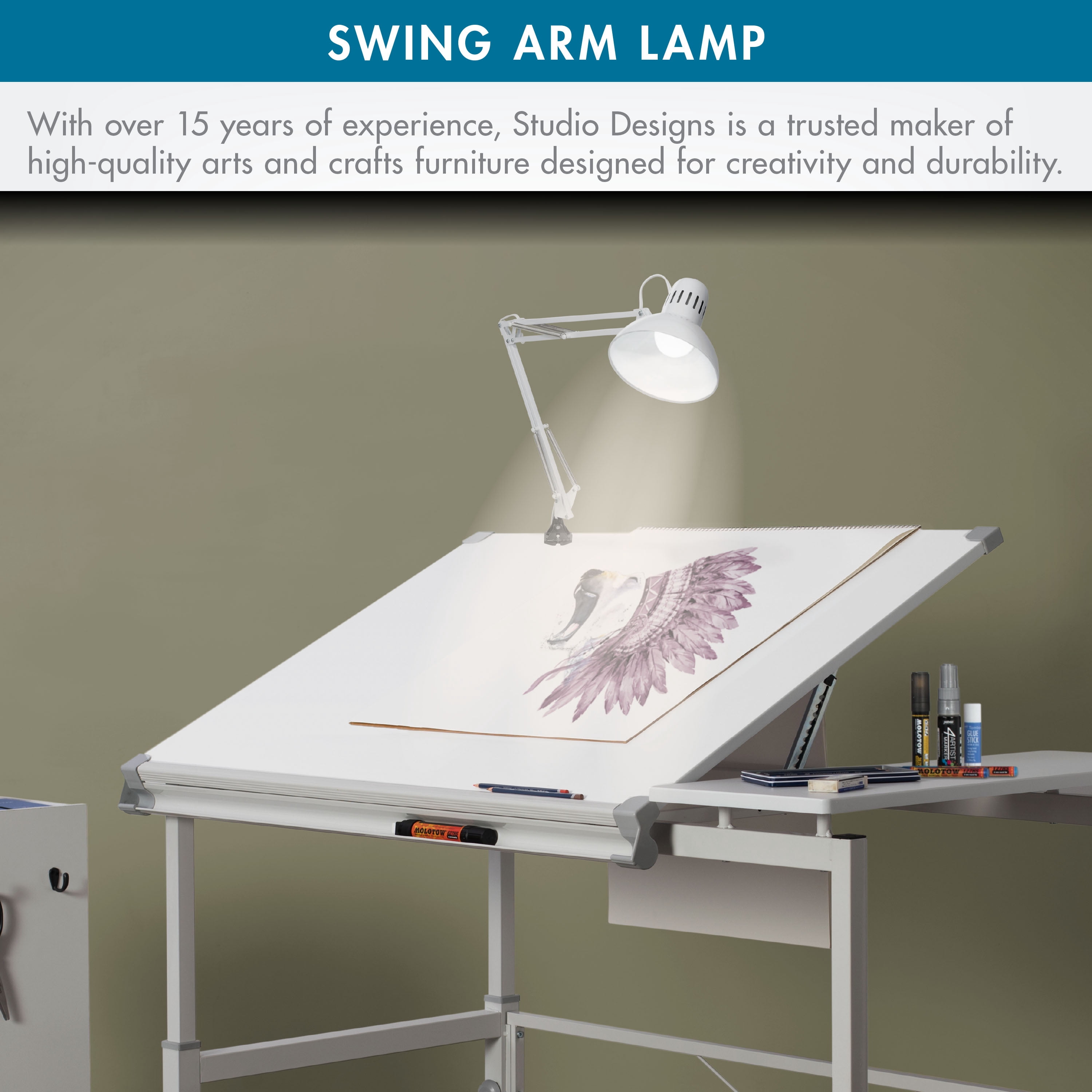 Studio Designs Metal Adjustable Desk Lamp with LED Bulb and Clamp Base