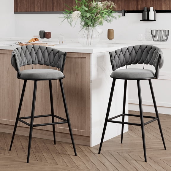 Andeworld 30'' Counter Height Barstools set of 2, Modern Velvet Bar Stools with Woven Back, Metal Frame, Square Footrest, Gray