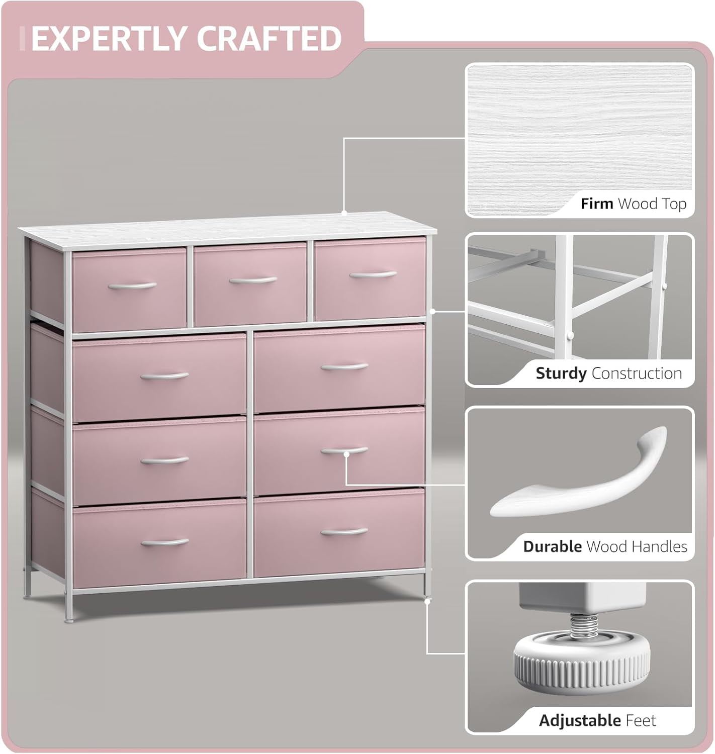 Nightstand Chest 9 Drawers Bedside Organizer Dresser Furniture for Bedroom and Office - Pink