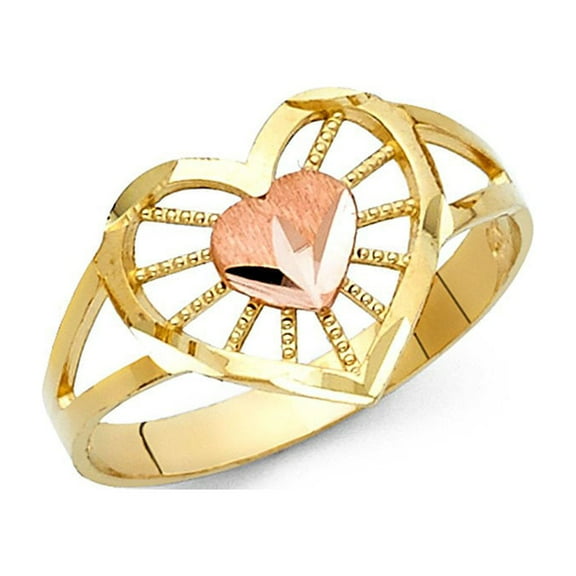 14k Two Tone Solid Italian Gold Fancy Heart Rose Ring 12mm