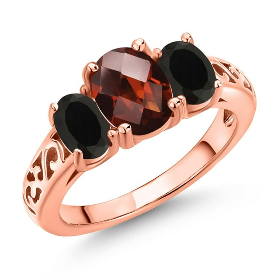 Gem Stone King 18K Rose Gold Plated Silver Red Garnet and Black Onyx Filigree Style 3 Stone Ring for Women (2.33 Cttw, Oval 8X6MM and 6X4MM) (Size 8)