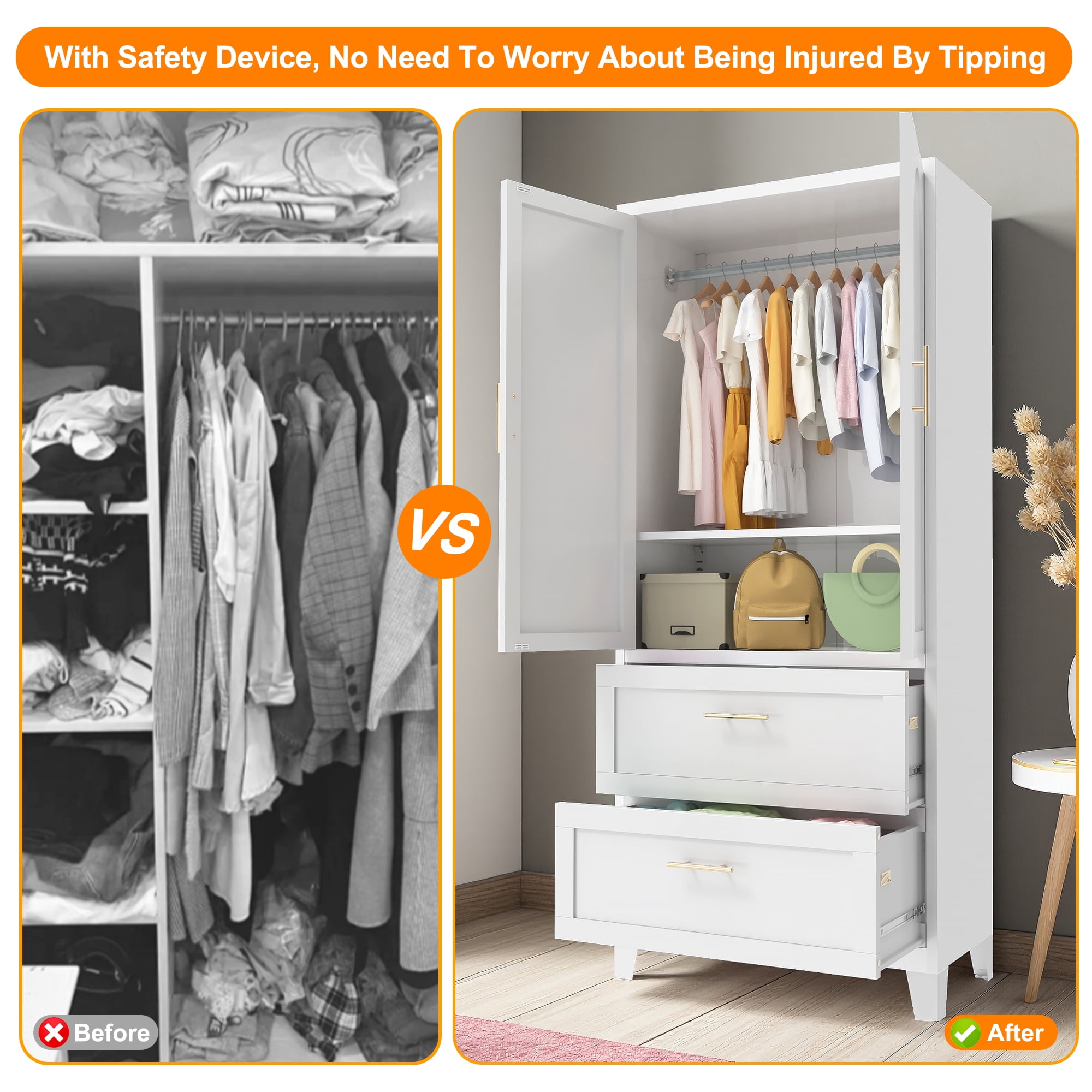 Leumius 71" Tall Metal Wardrobe Closet,Modern Armoire Wardrobe Cabinet 2 Drawers & Hanging Rod,Clothes Storage Organizer Cabinets with Double Doors for Bedroom,Living Room-White