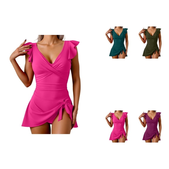 One Piece Swimdress with Tummy Control, Ruffle Swimsuit for Women - V-Neck Tie Knot Bathing Suit Skirt
