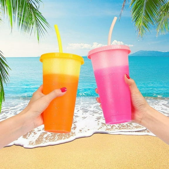 GIXUSIL Colour Changing Cups Tumblers with Lids & Straws - 5 Pack 24oz Reusable Plastic Cups Iced Coffee Cup Cold Water Color Change Party Tumbler for Kids Children Adults Travel Mugs for Drinks