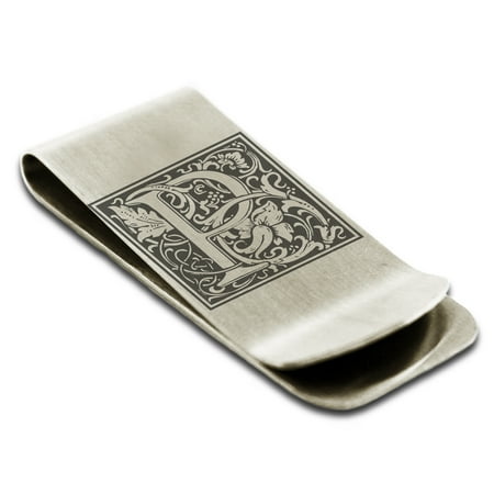 Stainless Steel Letter P Initial Floral Box Monogram Engraved Engraved Money Clip Credit Card