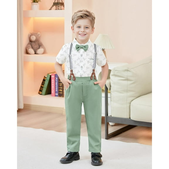ZOEREA Boys Clothes Formal Suit Gentleman Wedding Outfit Short Sleeve Shirt with Bow Tie and Suspender Pants 2-10 Years