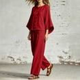 thumbnail image 5 of BRELIL Women Plus Size Two Piece Set Round Neck Batwing Sleeve Tops Wide Leg Pants Casual Loungewear Solid Boho Vacation Outfits Loose Travel Tracksuit, Red L, 5 of 7