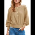 thumbnail image 2 of Suéter de Cuello Redondo con Botones para Mujer, Camisetas Henley de Larga de Otoño, Tops de Punto Holgados A Caqui XL, 2 of 8