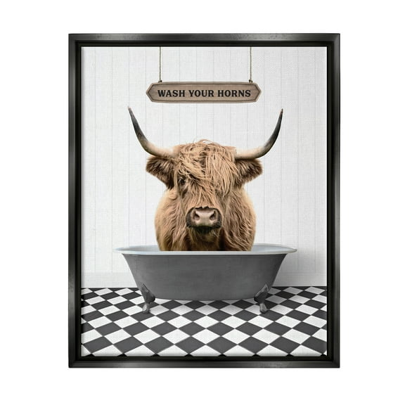 Stupell Industries Wash Your Horns Bathroom Animals & Insects Painting Black Floater Framed Art Print Wall Art, 17 x 21