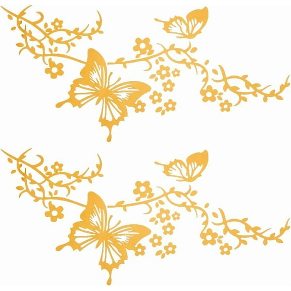 2 Sheets Butterfly Flower Vine Hawaiian Car Decals Set Women Car Rearview Mirror Stickers PET Waterproof Sticker Reflective Bumper Decal for Auto Truck SUV Wall Art Laptop (Gold) Gold