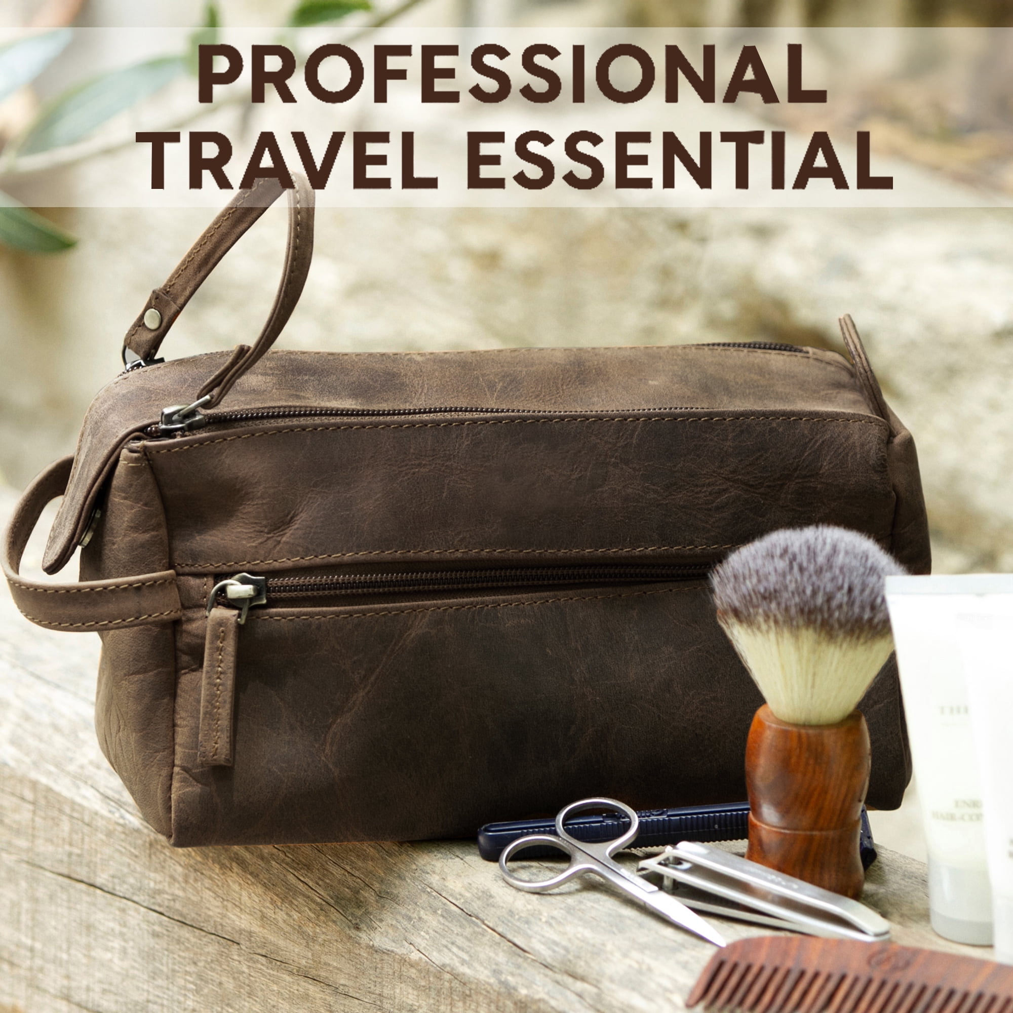 Leather Toiletry Bag for Men Women Travel Dopp Kit Bathroom Shower Hygiene Bag Makeup Cosmetic Organizer Gift for Him Her by Rustic Town, Dark Brown