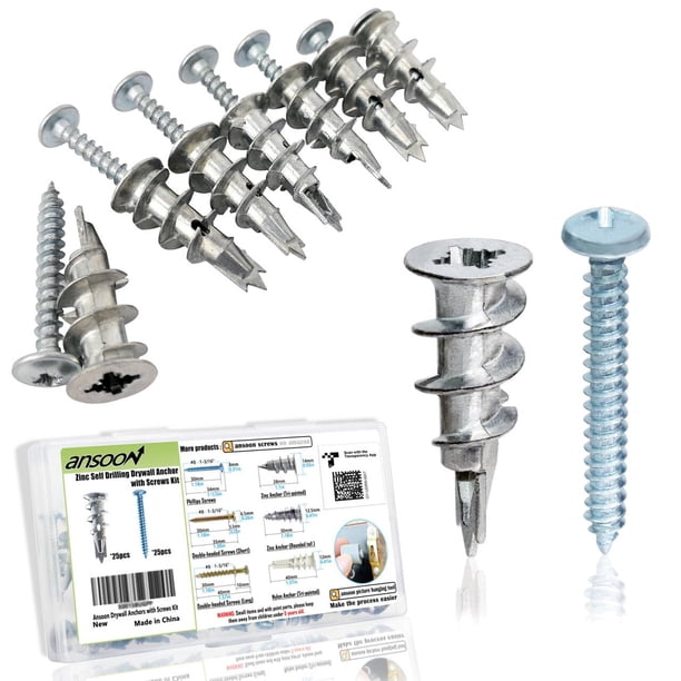 Kit de tarugos para drywall Ansoon de zinc autorroscantes, 50 piezas