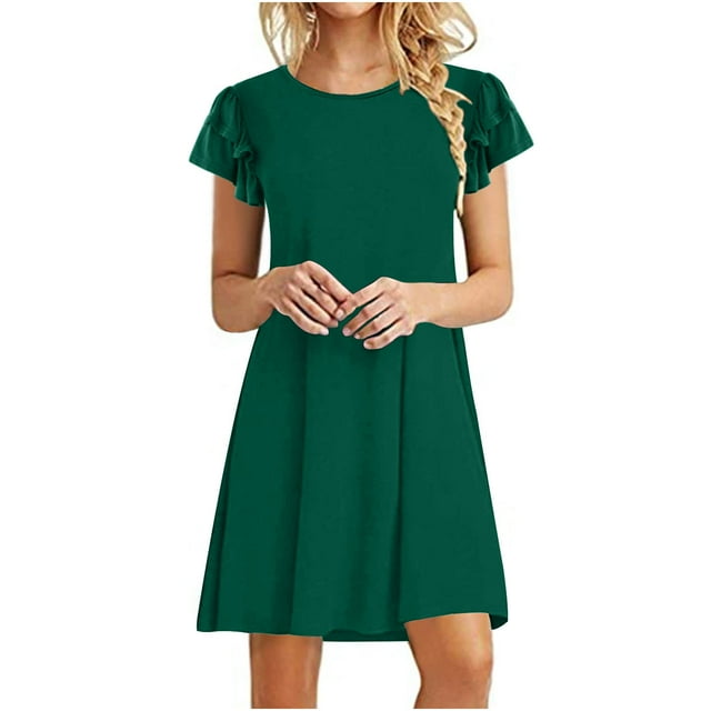 QIPOPIQ Robes pour Femmes avec Poches Manches Courtes Robes Mini Robes Décontractées Robe d'Été à Volants Mignonne Col Rond Robe Fluide Offres 2023