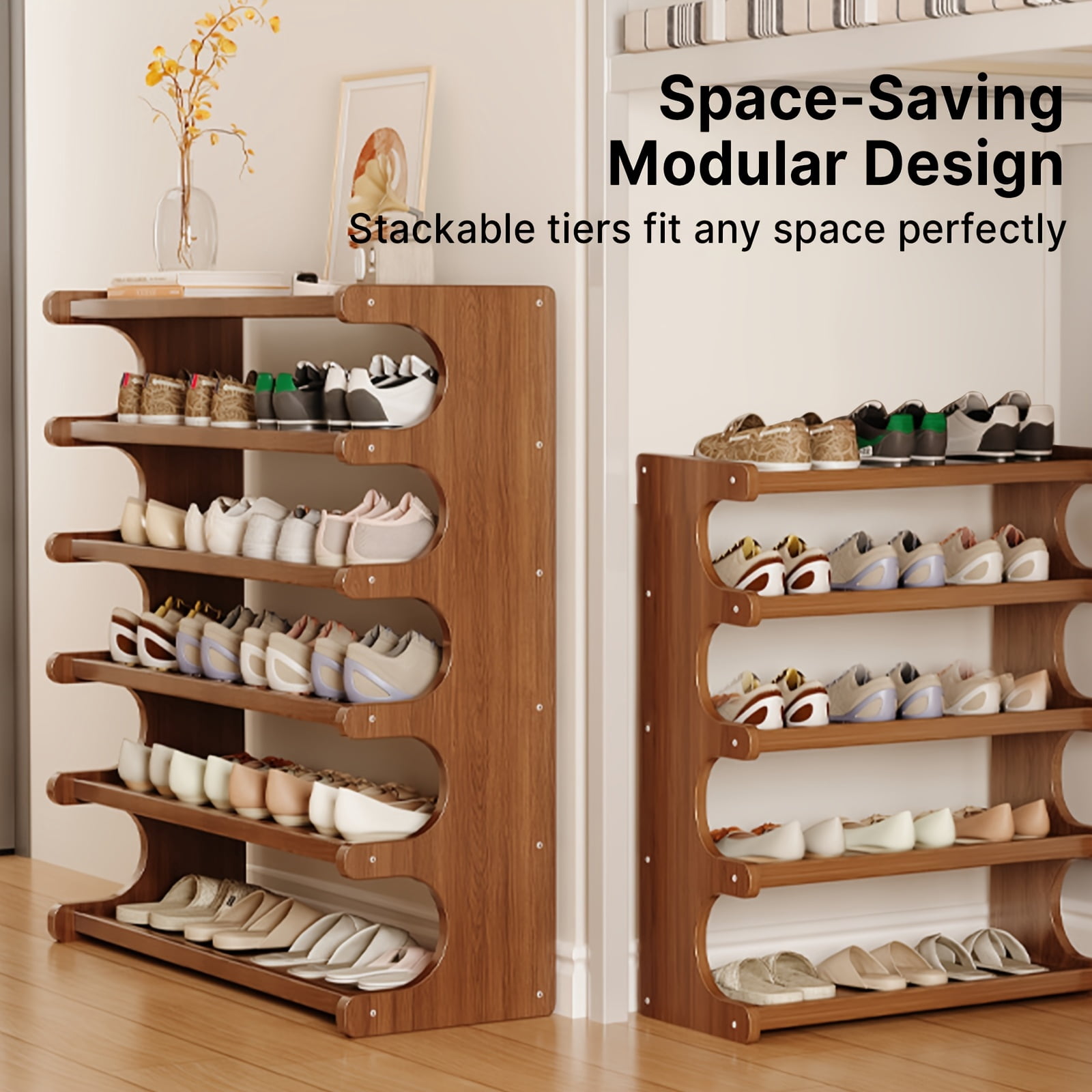 4/5/6 Tier Bamboo Shoe Rack – Wooden Shoe Organizer Shelf for Entryway, Closet, or Garage, Holds Up to 24 Pairs, Space-Saving & Easy to Assemble