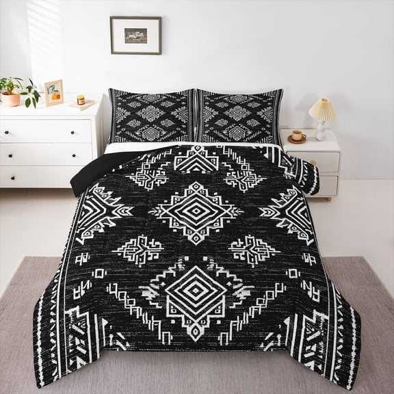 Feelyou Black Damask Flower Full Size Comforter Sets, Retro Mandala Bedding Sets, 3pcs