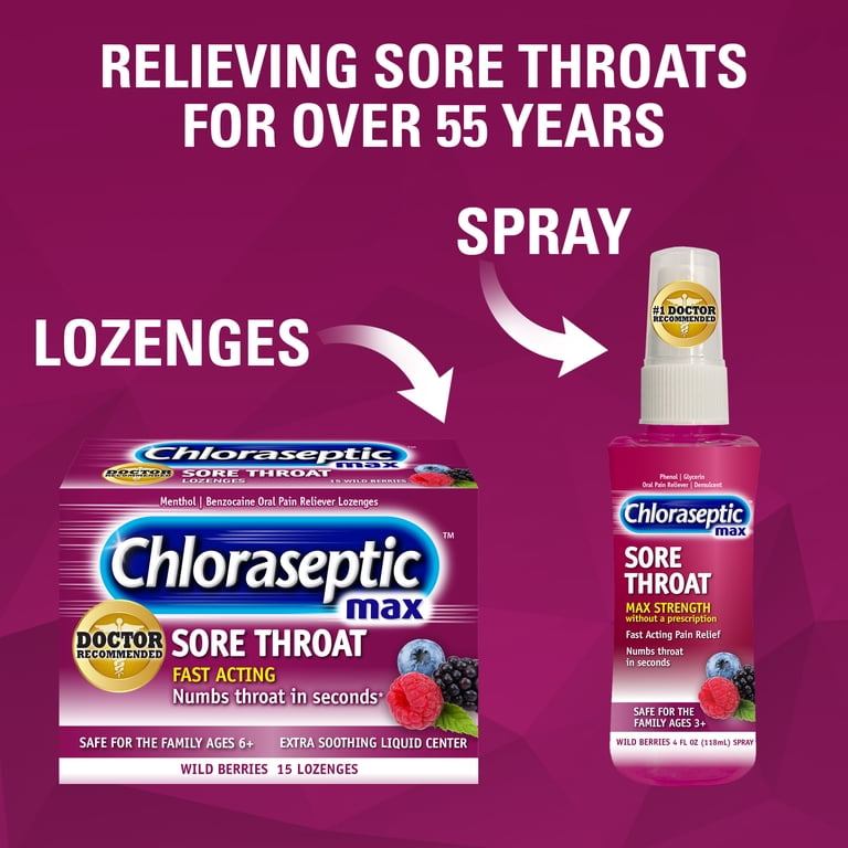 sore throat glp 1 Chloraseptic Max Strength Sore Throat Lozenges, Wild Berries Flavor Throat Remedy, 15 Count