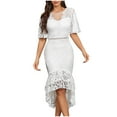 thumbnail image 3 of Umbreon White Wedding Guest Dresses for Women Short Sleeve Cre W Neck Pencil Skirt Dress Solid Color Lace Wrapped Skirt Formal Evening Gowns Beach Dress, 3 of 7