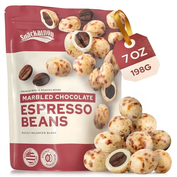 Snackathon Marbled Chocolate Covered Espresso Beans, 7 OZ Resealable Bag, Made in USA, Dual-Tone White & Dark Chocolate Gourmet Candy Snack for Coffee Lovers