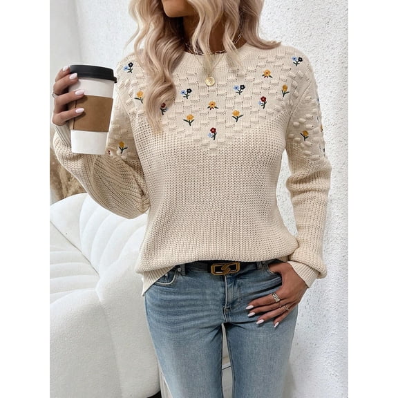 Floral Embroidery Sweater,Long Sleeve Tops Knit Pullover Fall Winter Sweater