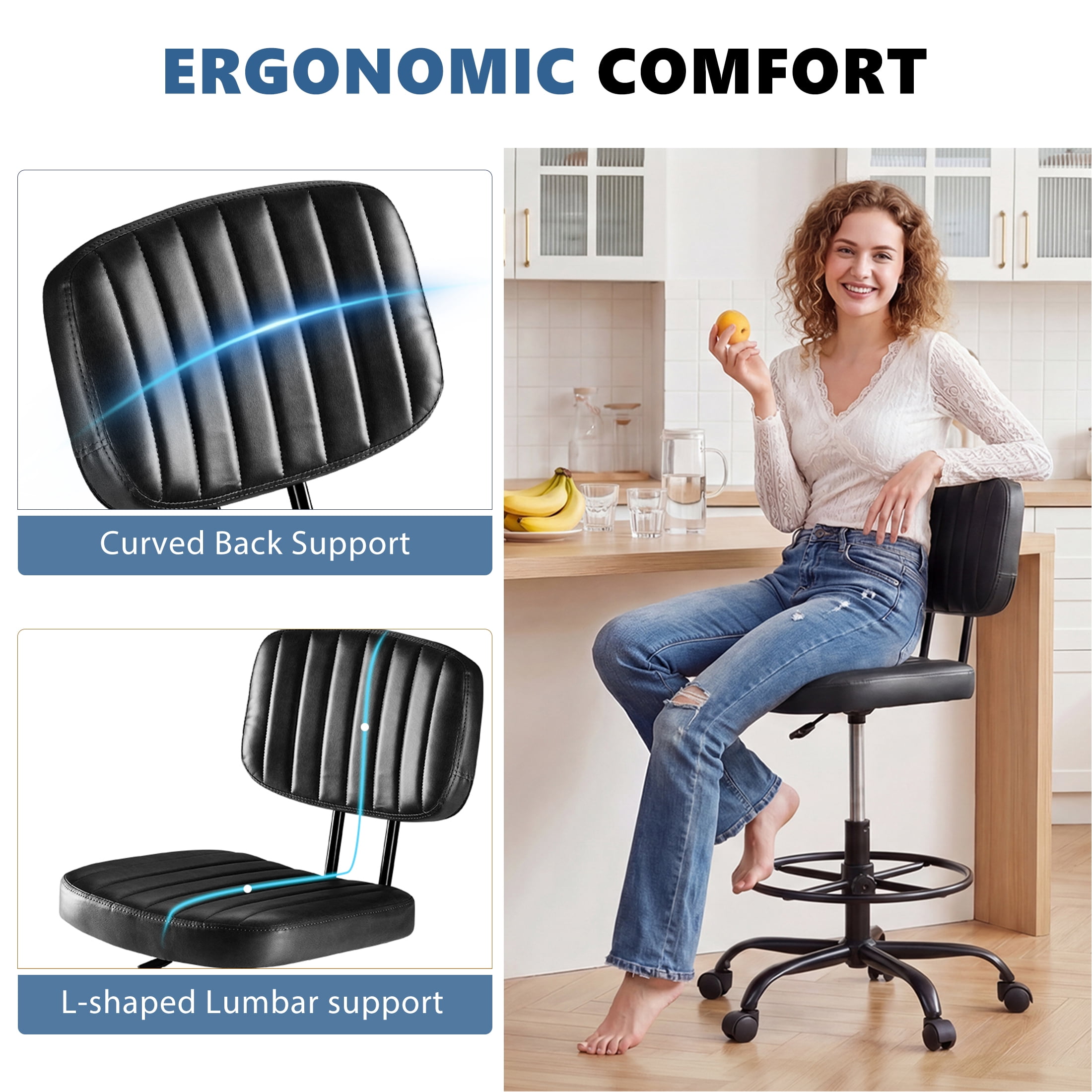 edx Adjustable Height & Foot Rest Office Desk Chairs with Backrest, PU Leather Modern Rolling Stool with Wheels 360°Swivel Task Chair for Home Office Bar Kitchen Shop(Black)