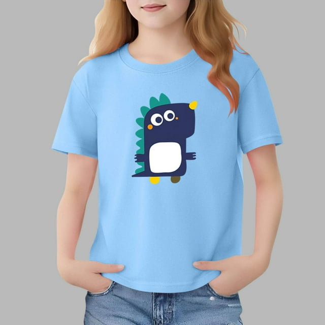 Blusas y camisas de manga corta con cuello redondo para niños Camiseta de verano de manga corta estampada para niñas Jersey elegante de cuello redondo para niñas Top de algodón para niños