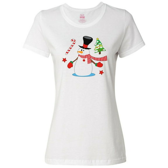 Inktastic Top Hat Snowman with Christmas Tree and Candy Cane Women's T-Shirt