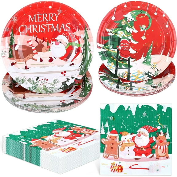 Naler Christmas Disposable Tableware - Serves 24 Guests - 72 Pcs Paper Plates and Napkins with Santa Claus for Kids Adult Christmas Party Supplies