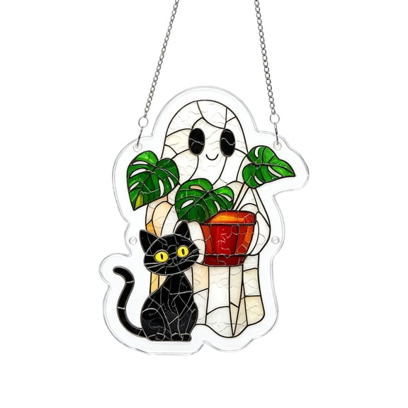 Cute Halloween Ghost Suncatcher, 7.68" Acrylic Stained Glass Style Window Hanging Ornament, Ghost with Black Cat Boo Decor, Fall Home Garden Wall Art, Gifts for Mom, Plant Lovers & Women
