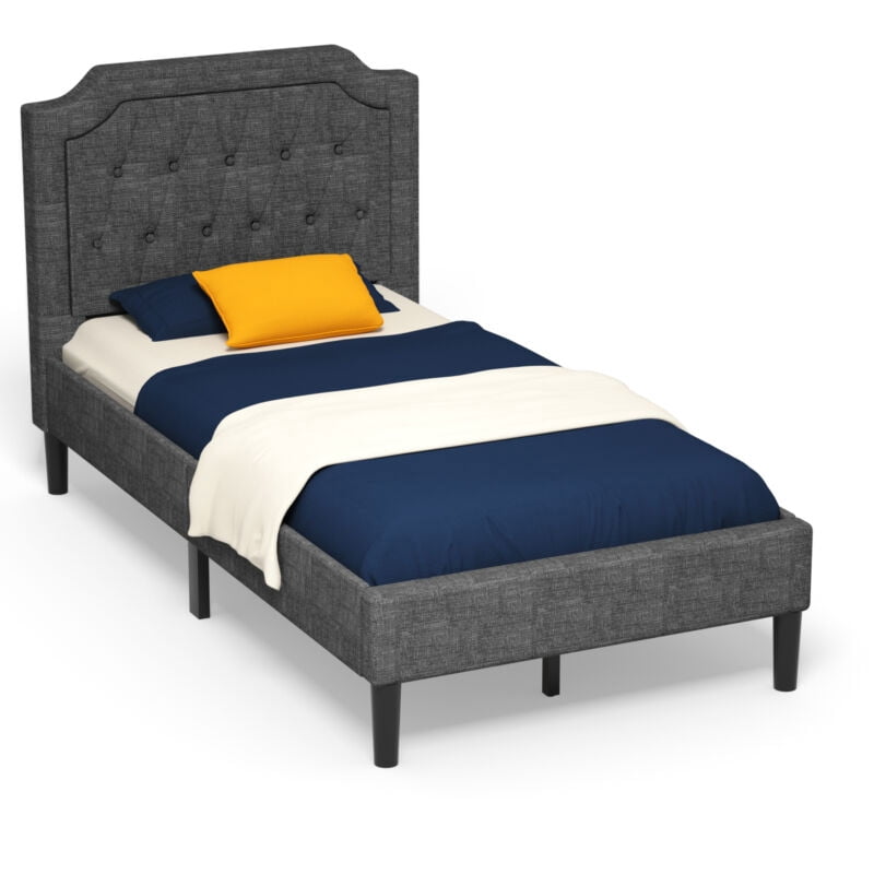 Furnibear Twin Bed Frame, Linen Upholstered Platform Bed Frame with Button Tufted Headboard and Wood Slat Support for Bedroom, Gray