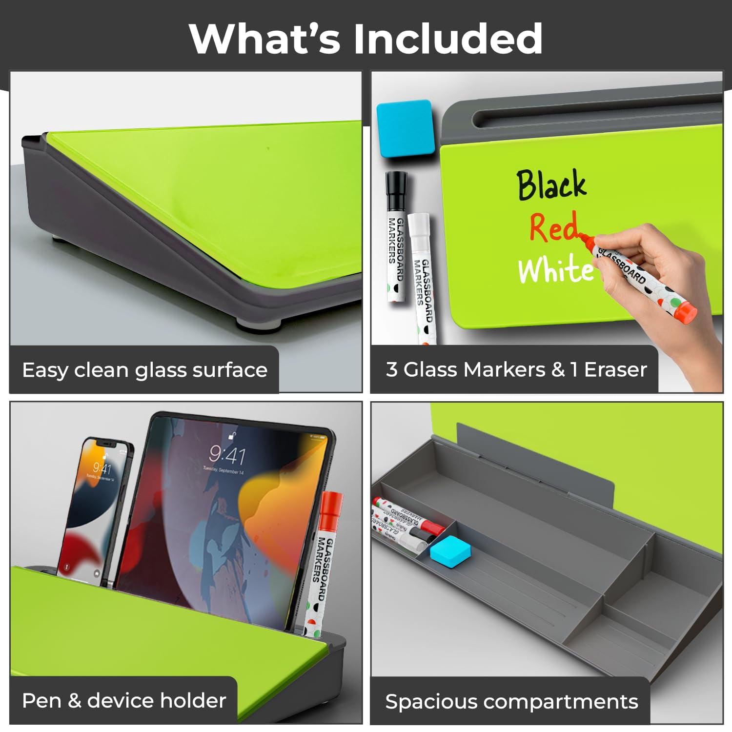 Neon Green Glass Desktop Whiteboard With Storage - Dry Erase Board  Work Desk Organizers Computer Stand Home Office Accessories Workspace Buddy + 3 Markers
