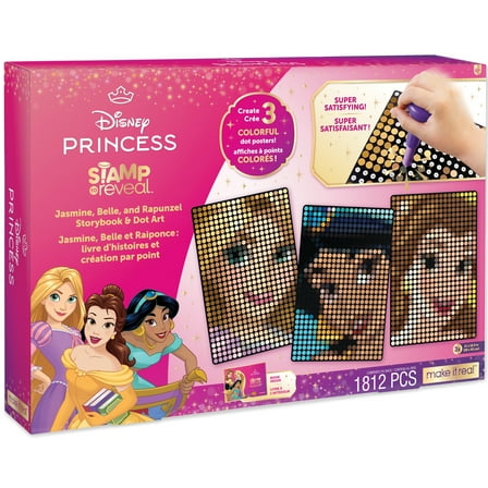 Make It Real: Disney Stamp To Reveal - Jasmine, Belle, Rapunzel Storybook & Dot Art - 1812pcs, DIY 3 Princess Dot Posters, Craft, Girls & Kids Ages 6 