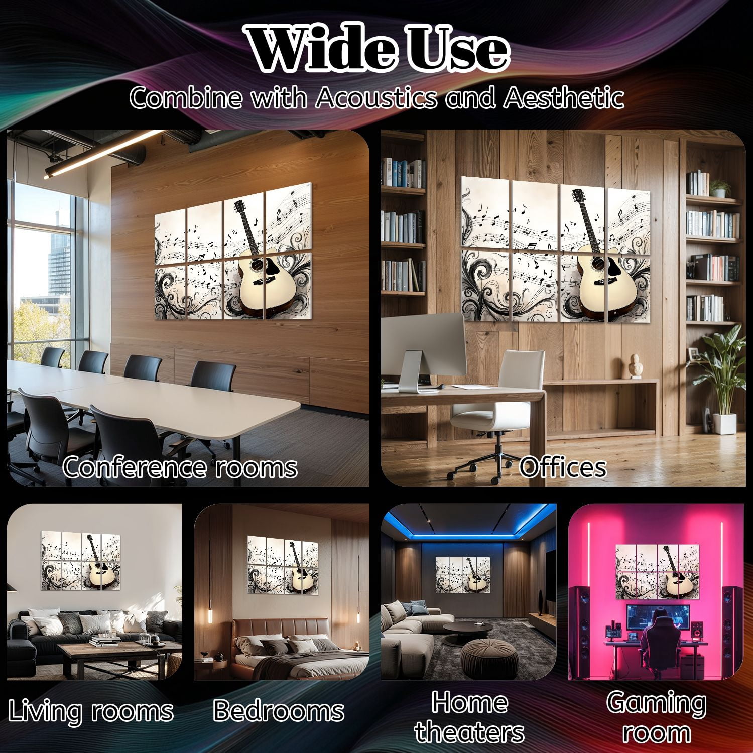Musical 8 Pack Art Acoustic Panels Sound Absorbing Acoustic Guitar Flowing Musical Notes Abstract Swirls Decorative Soundproof Wall Panels Self Adhesive for Nursery Game Room Music Classroom 48"x32"