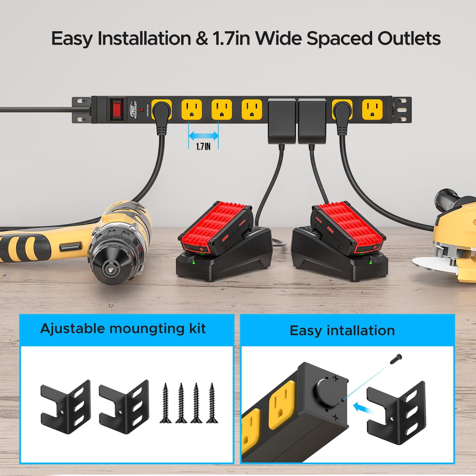 CRST Mountable Long Power Strip, 8-Outlet 2100 Joules Heavy Duty Surge Protector, Slim Metal Power Bar with 6ft 14AWG Cord for Wall Mount, Under Desk, Garage, Workshop, and Office, ETL Listed