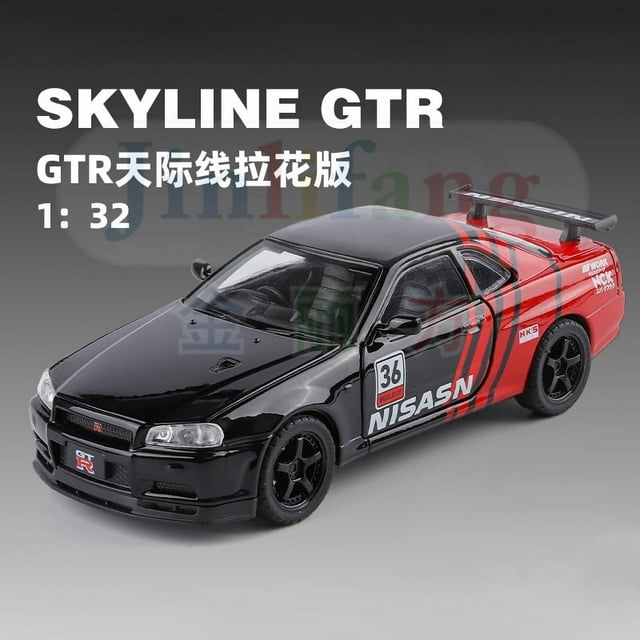 Modèle de Voiture en Alliage 1:32 Nissan GTR R34 GT-R R35 Fast & Furious avec Son et Lumière, Jouet pour Enfants à Rétrofriction, Objets de Collection, Cadeau d'Anniversaire Noir Rouge