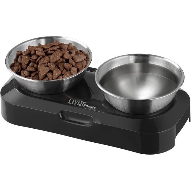 Adjustable Elevated Dog Bowls, LIVINGbasics 15°Tilted Stainless Steel Raised Food Water Bowl Stress-Free Food Grade Material, Nonslip No Spill Pet Feeding Bowls