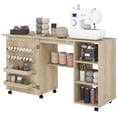 thumbnail image 1 of Folding Sewing Machine Table with Rattan Door & Storage - Natural Wood Craft Table for Living Room, Bedroom, or Office - Compact & Mobile Design (177 Chars), 1 of 7