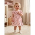 thumbnail image 5 of BemeyourBBs Kids Toddler Baby Girl Summer Smocked Dress Cute Little Girl Sundress Short Sleeve Square Neck Pleated Flower Print Casual Princess Party Dress Clothes, 5 of 9