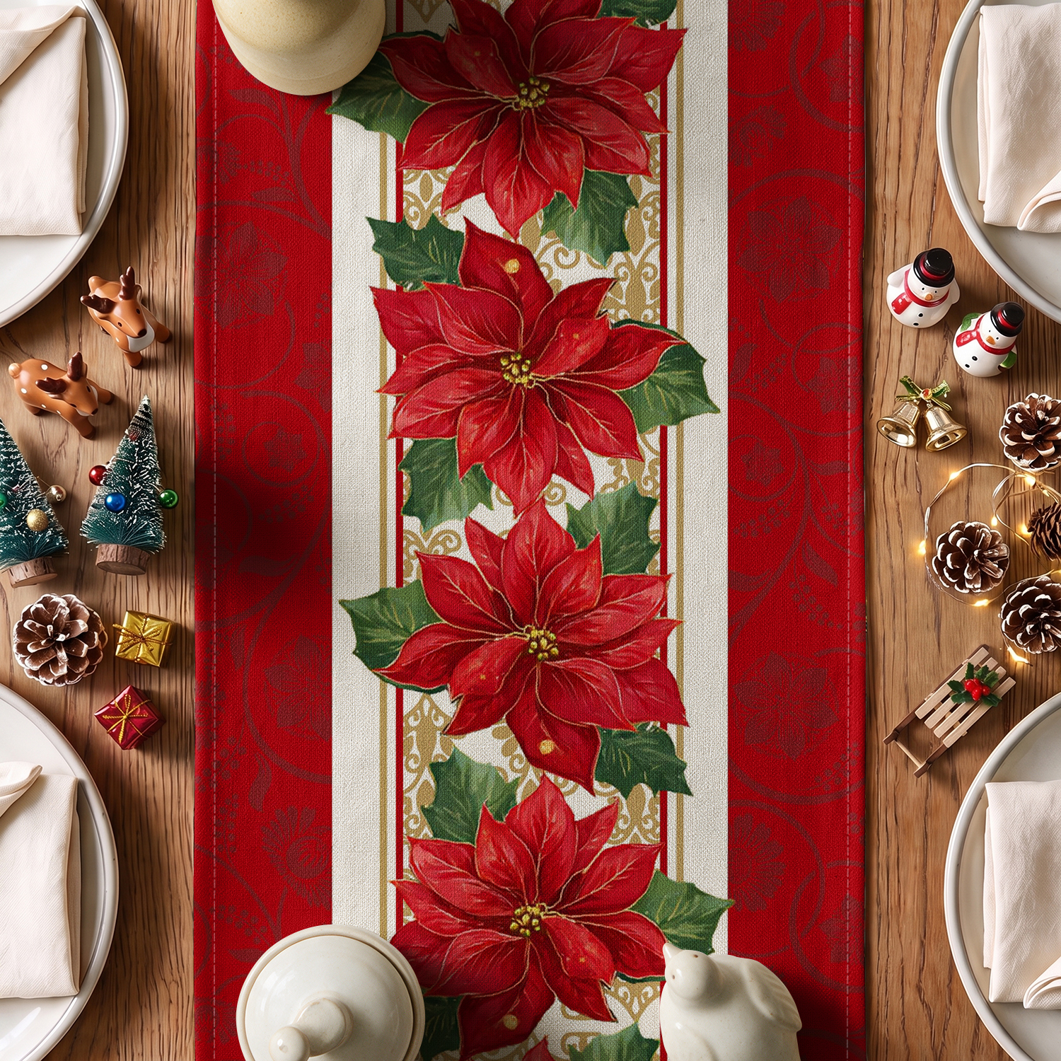 Sm:)e Poinsettia Christmas Table Runner, Red photo 5