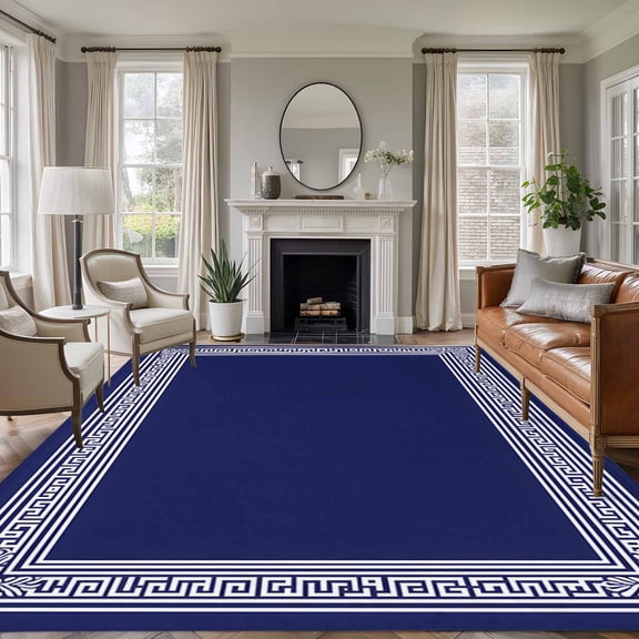 Area Rug 5'x7', Navy Blue Geometric Non-slip Runner Rug Carpet for Bedside, White Greek Key Farmhouse Washable Outdoor Indoor Area Rugs Mat for Entryway/Living Room/Bedroom/Kitchen/Office