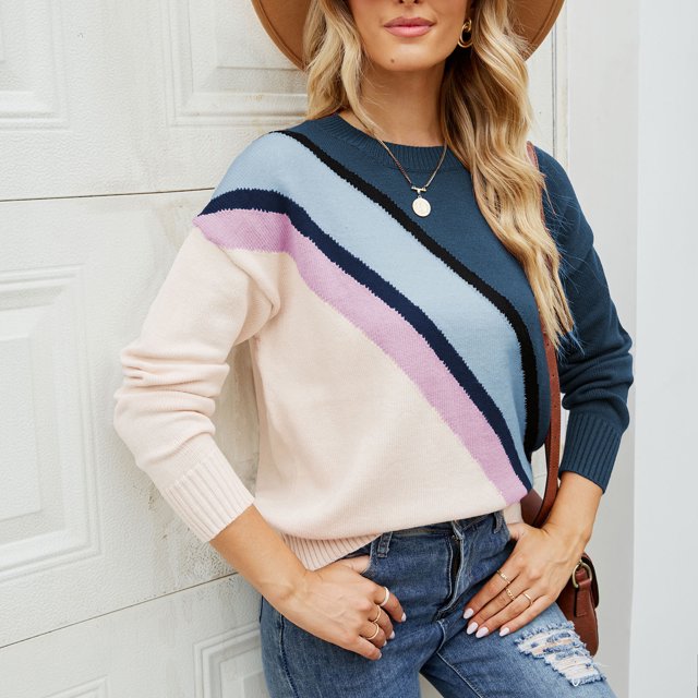 Pulls pour Femmes Automne/hiver Cardigans Pulls Manteau Tricoté Pull Rayé Col Rond Mode Pull