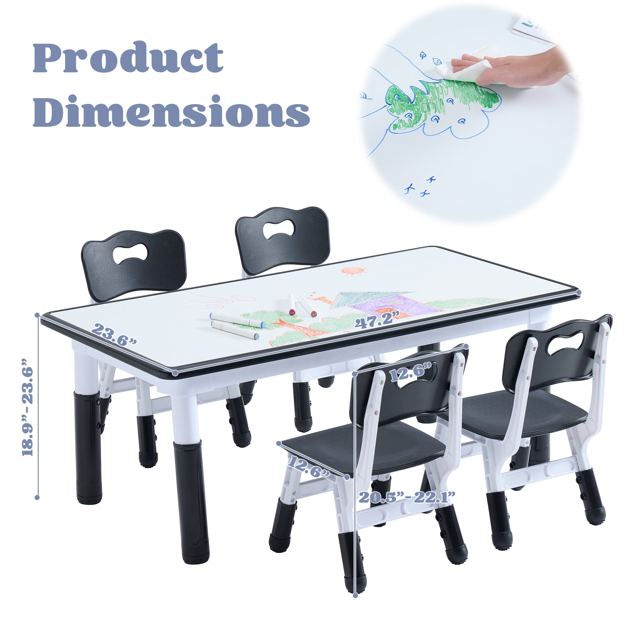 Kids Table and 4 Chairs Set, Height Adjustable Toddler Table and Chair Set, Toddler Desk with Graffiti Desktop & Non-Slip Legs, Children Activity Table for Daycare, Classroom