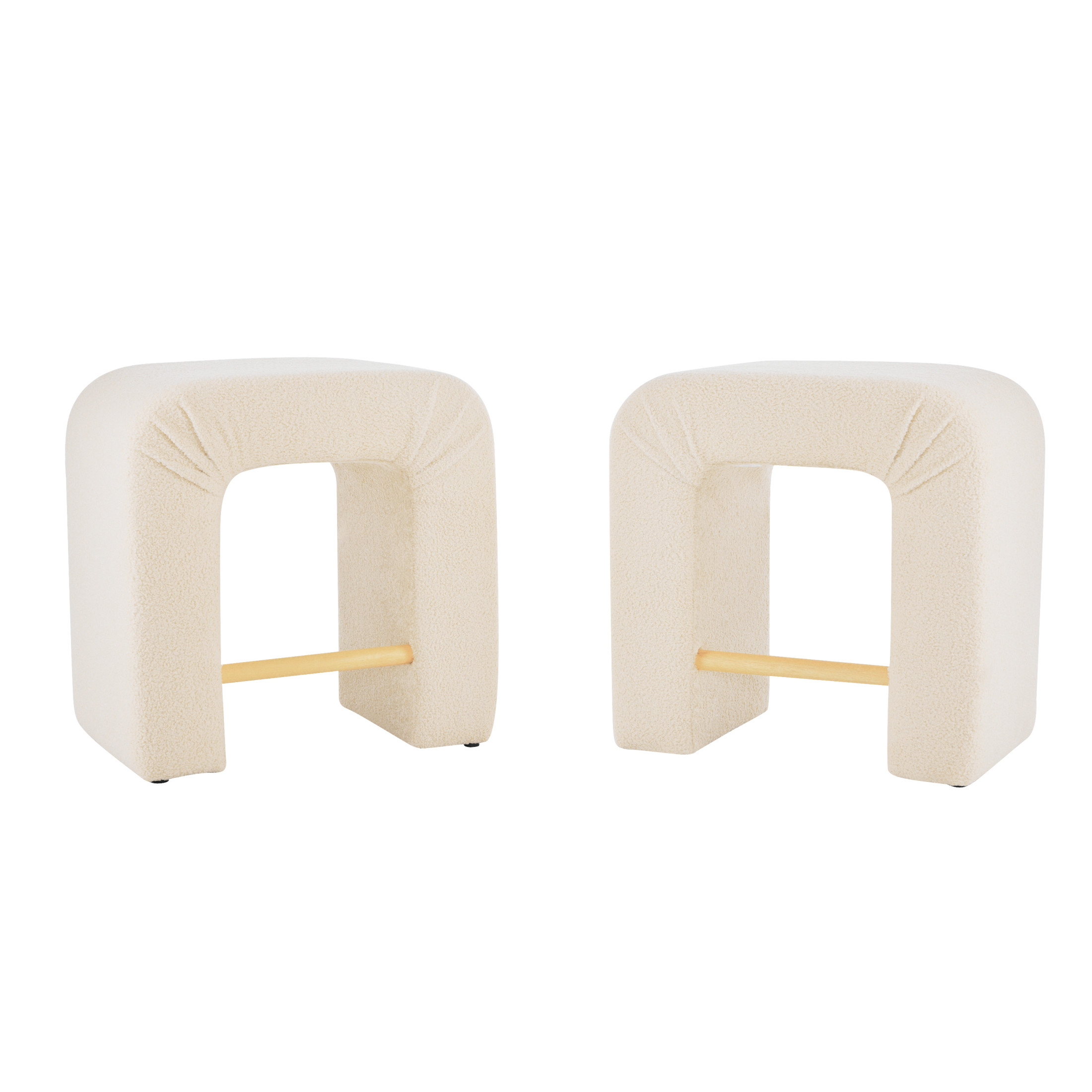 Upholstered Boucle Stools with Footrest, Wood Frame, Beige