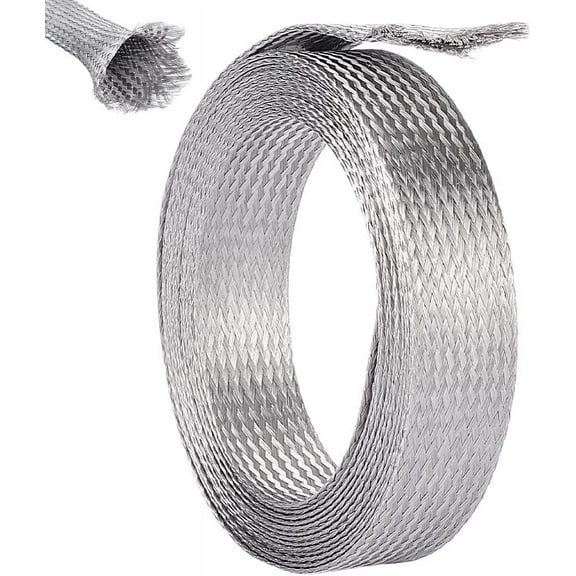 1" Wide Stainless Steel Sleeving Braid Cable Wire Shielding Sleeve Ground Straps Protection Flat Metal Mesh Flexible Expandable Scalable Ribbon Wire for DIY Protect Cable 13.12 Feet